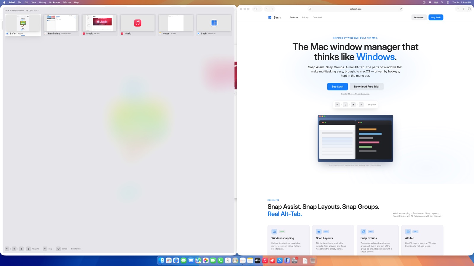 Snap Assist on macOS: Safari snapped to the right half, with Sash offering window thumbnails to fill the empty left zone